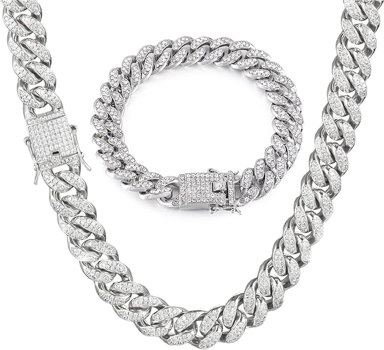 ⭐️ 2pcs Cuban Link Chain for Men,Miami Cuban Chains,Bling Diamond Chain for Hip Hop Jewelry