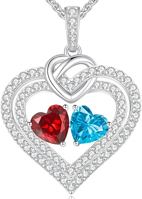 LOUISA SECRET Valentines Day Gifts for Her, Sparkling Double Heart Birthstone Necklaces for Women, 925 Sterling Silver Fine Jewelry, Ideal Anniversary or Birthday Gifts for Wife Mom Girlfriend Lady