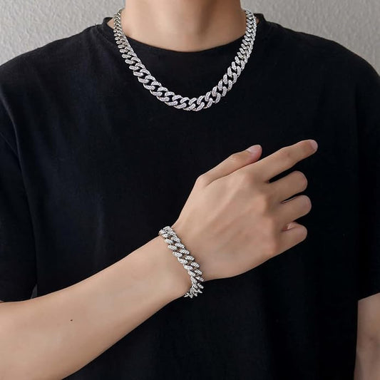 ⭐️ 2pcs Cuban Link Chain for Men,Miami Cuban Chains,Bling Diamond Chain for Hip Hop Jewelry